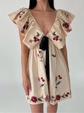 Cream Floral Embroidered Tie-Front Mini Dress